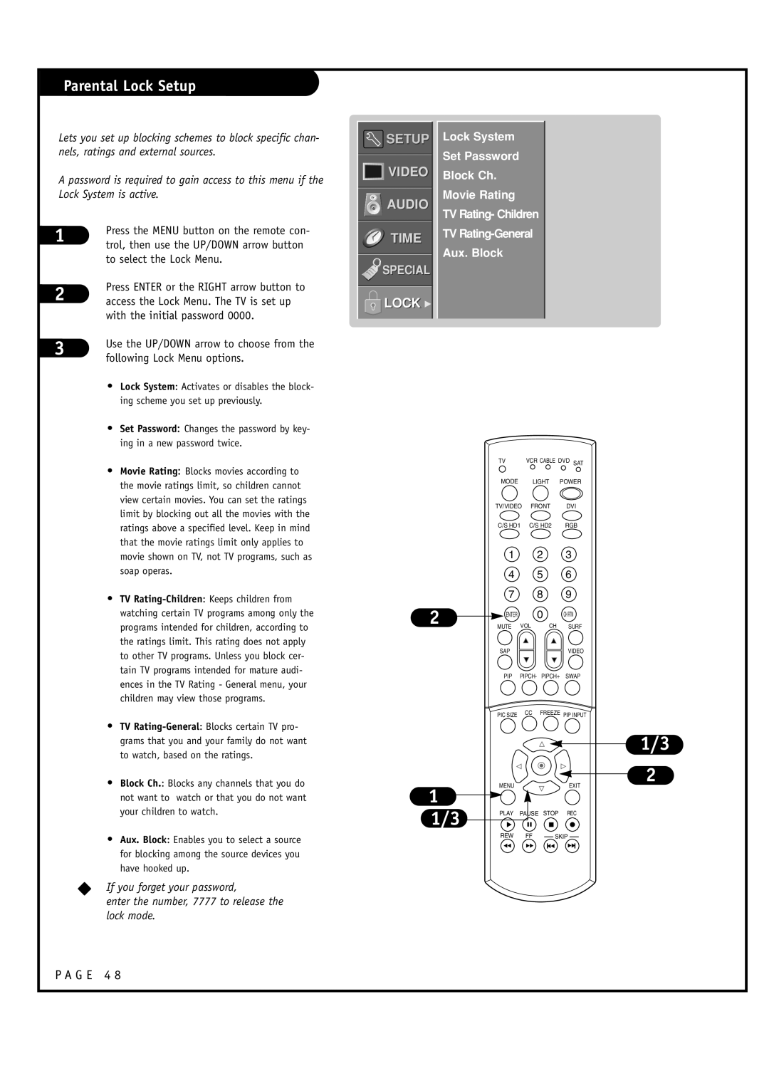 Toshiba 44NHM84 owner manual Parental Lock Setup, To select the Lock Menu, Following Lock Menu options 