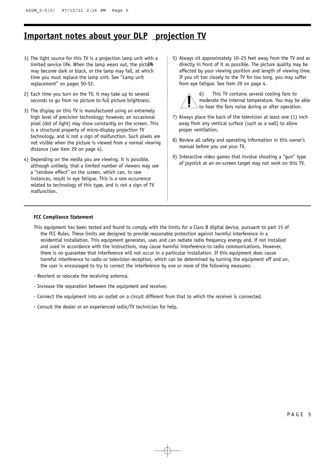 Toshiba 44NHM84 owner manual This TV contains several cooling fans to, FCC Compliance Statement 