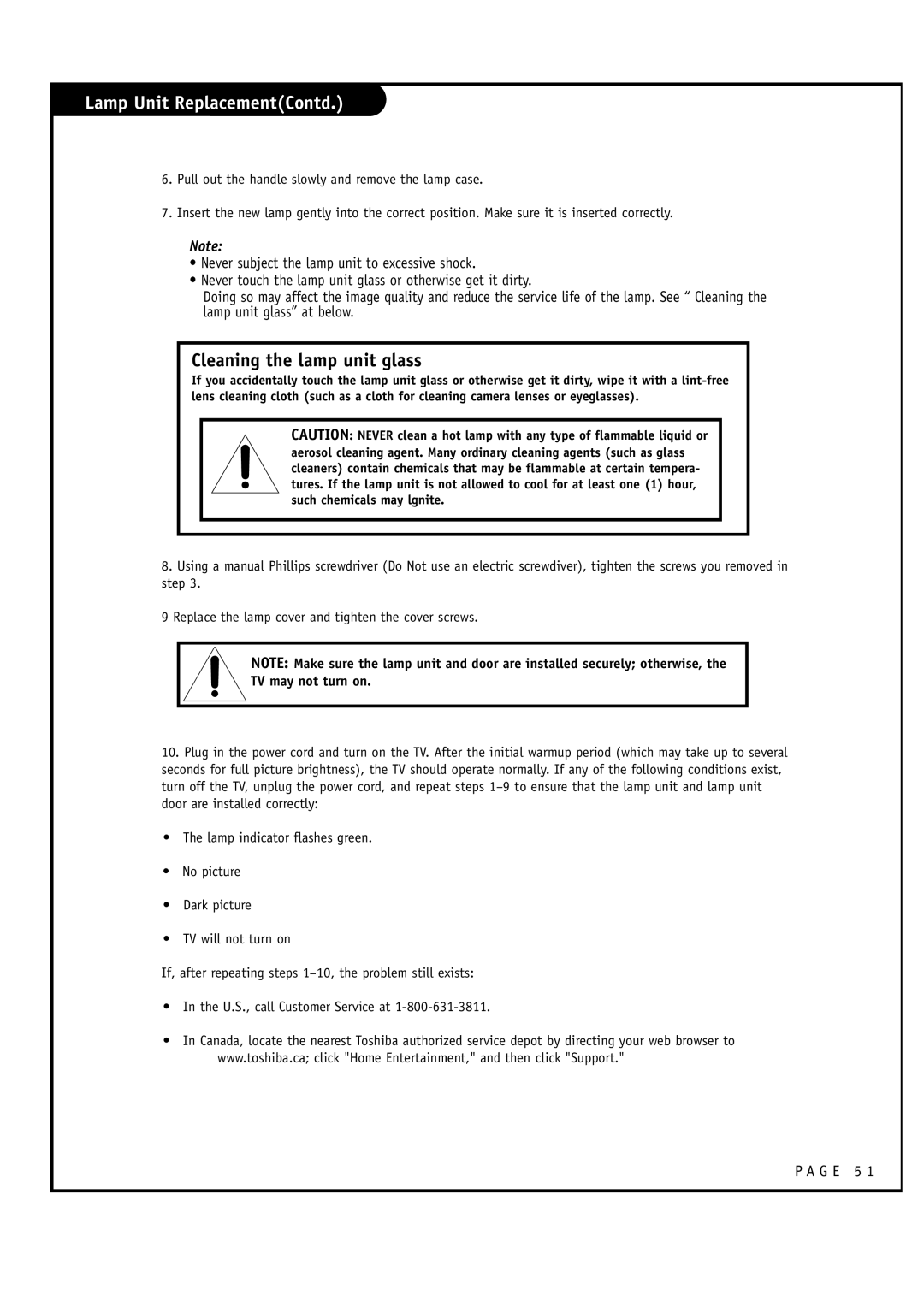 Toshiba 44NHM84 owner manual Lamp Unit ReplacementContd, Cleaning the lamp unit glass 