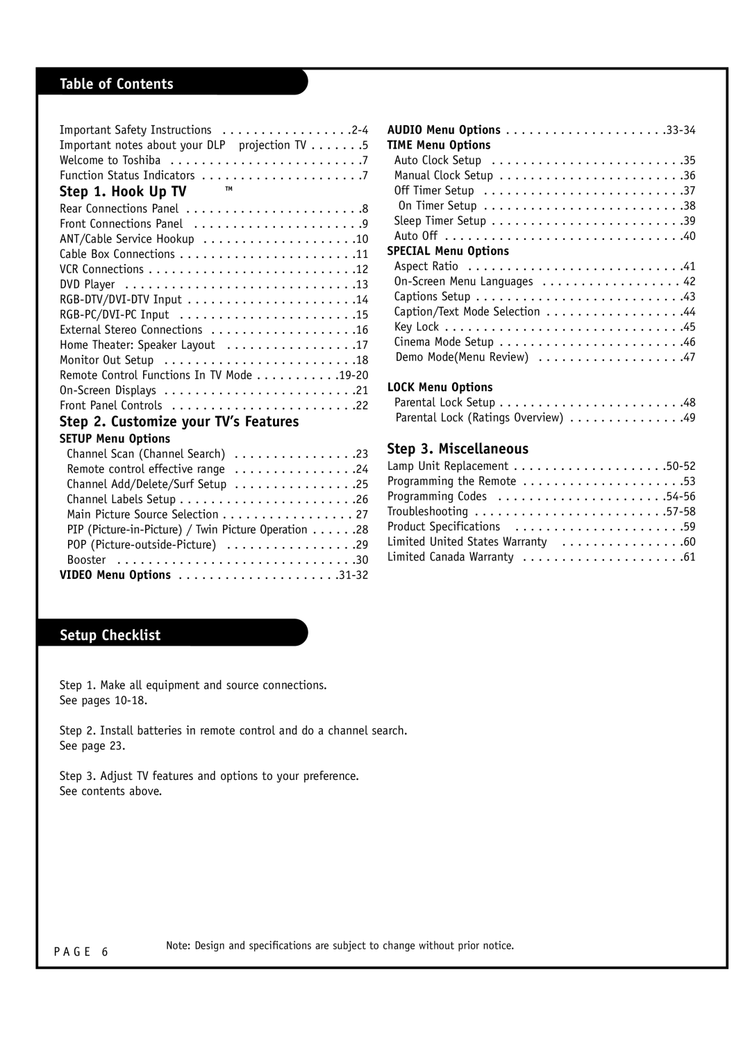 Toshiba 44NHM84 owner manual Table of Contents, Setup Checklist 