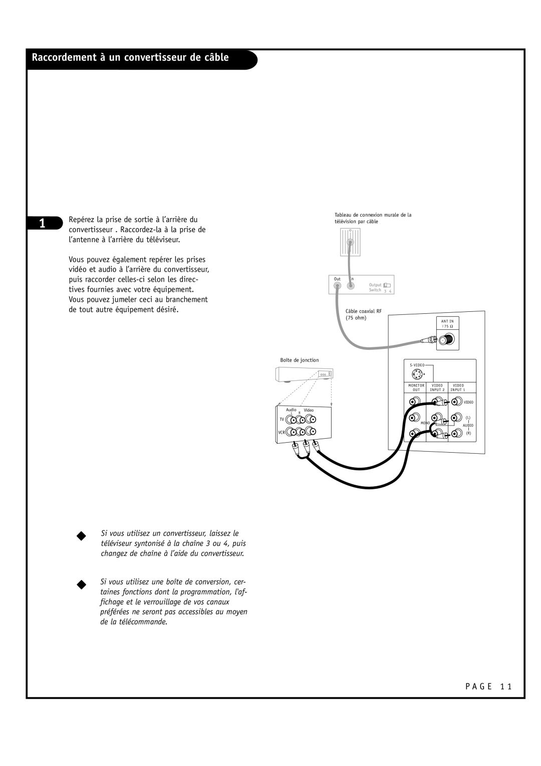 Toshiba 44NHM84 owner manual Raccordement à un convertisseur de câble, ’antenne à l’arrière du téléviseur 