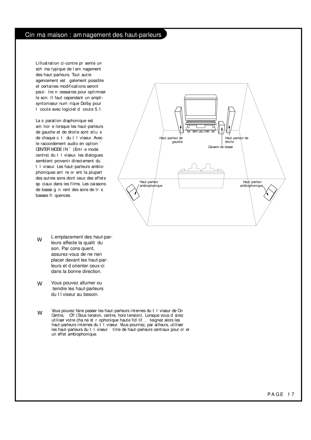 Toshiba 44NHM84 owner manual Cinéma maison aménagement des haut-parleurs, La séparation diaphonique est 