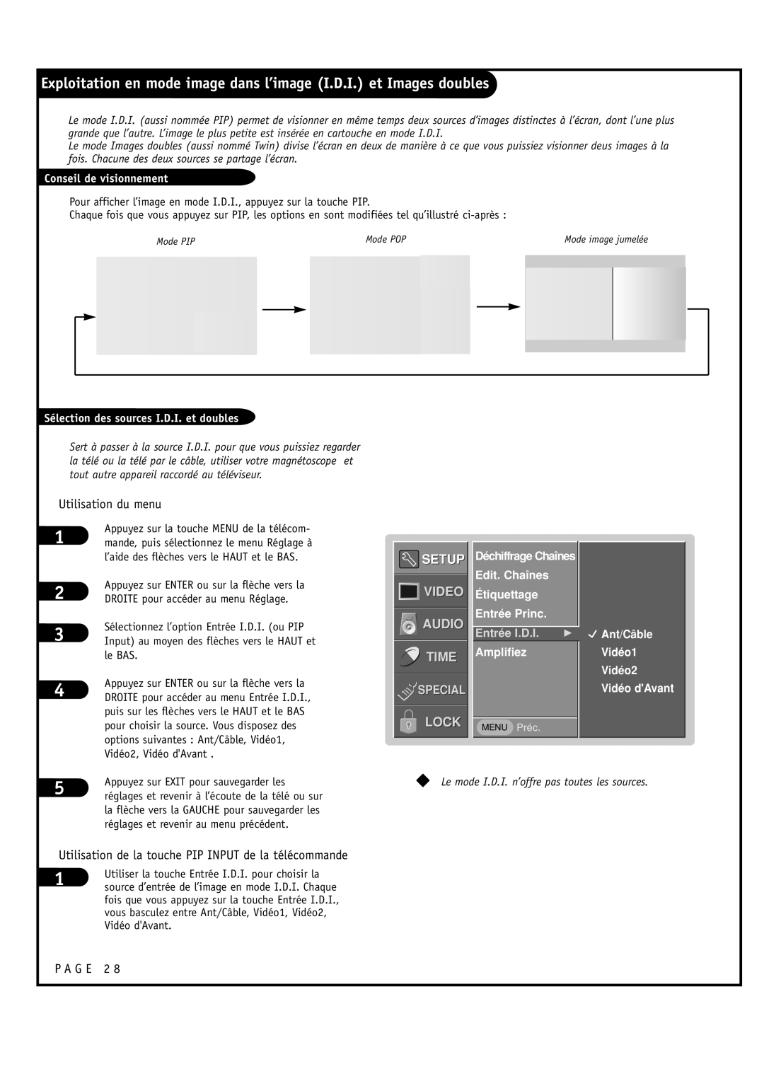 Toshiba 44NHM84 owner manual Utilisation du menu, Utilisation de la touche PIP Input de la télécommande 