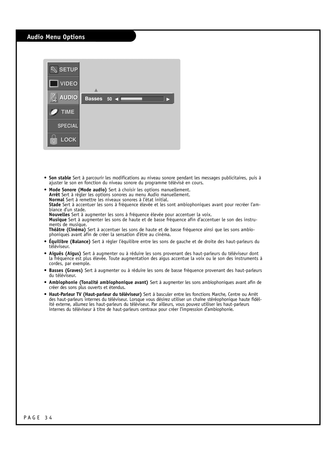 Toshiba 44NHM84 owner manual Audio Menu Options, Basses 50 F G 