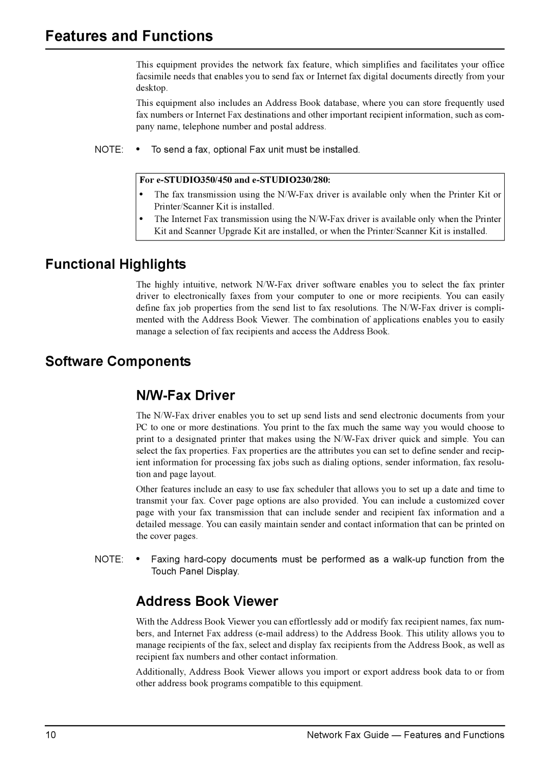 Toshiba 4511, 450, 230, 280, 3511, 350 manual Functional Highlights, Software Components Fax Driver, Address Book Viewer 