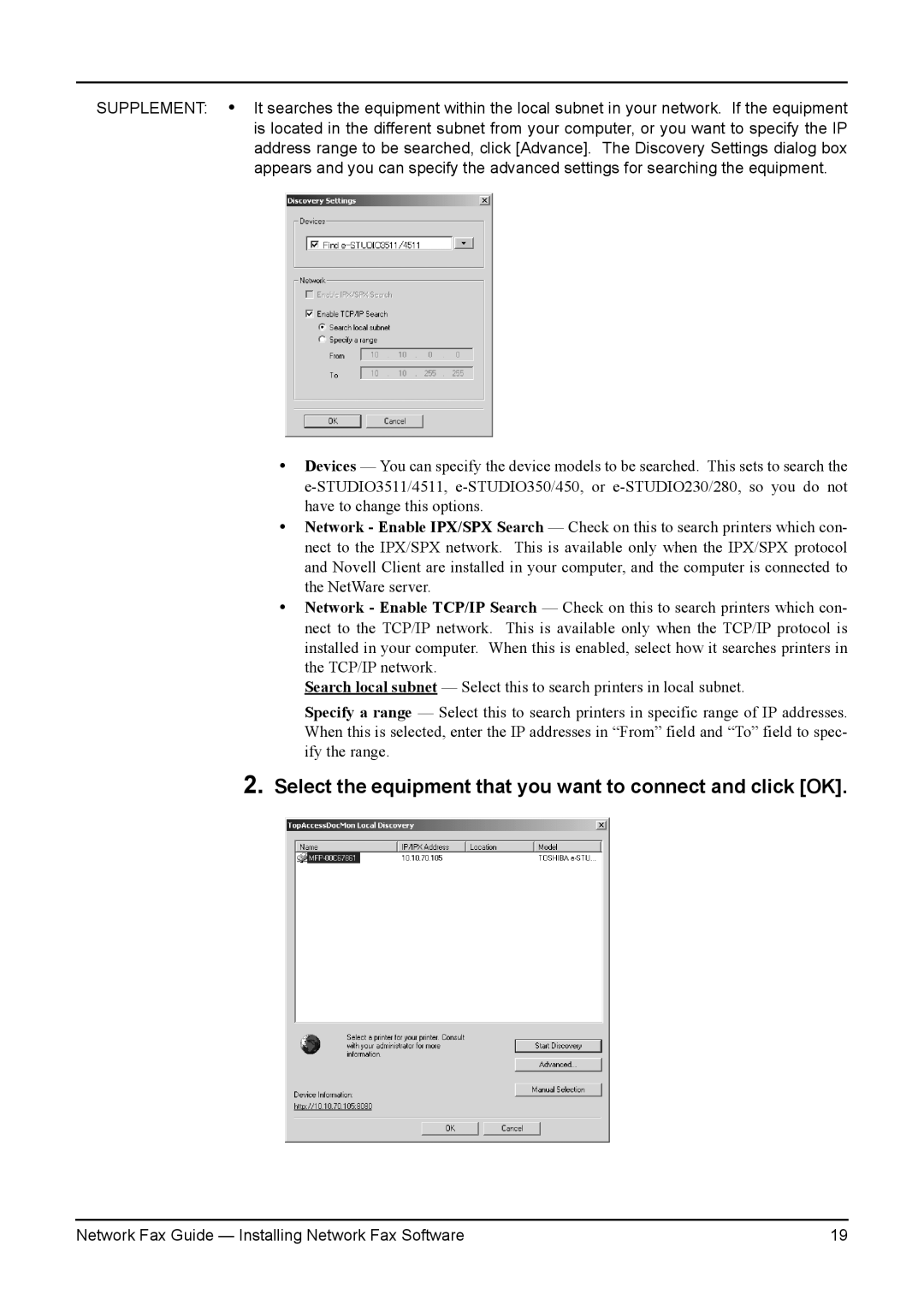 Toshiba 230, 450, 280, 3511, 4511, 350 manual Select the equipment that you want to connect and click OK 