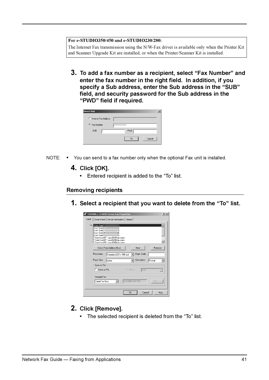 Toshiba 350, 450, 230, 280, 3511, 4511 manual Entered recipient is added to the To list 