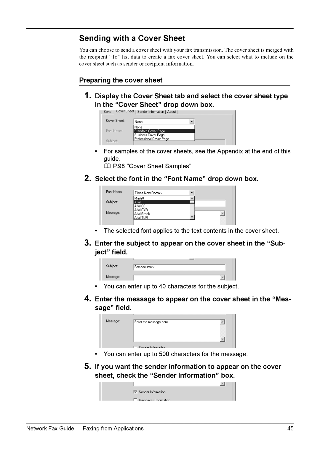 Toshiba 3511, 450, 230, 280, 4511, 350 manual Sending with a Cover Sheet, Select the font in the Font Name drop down box 