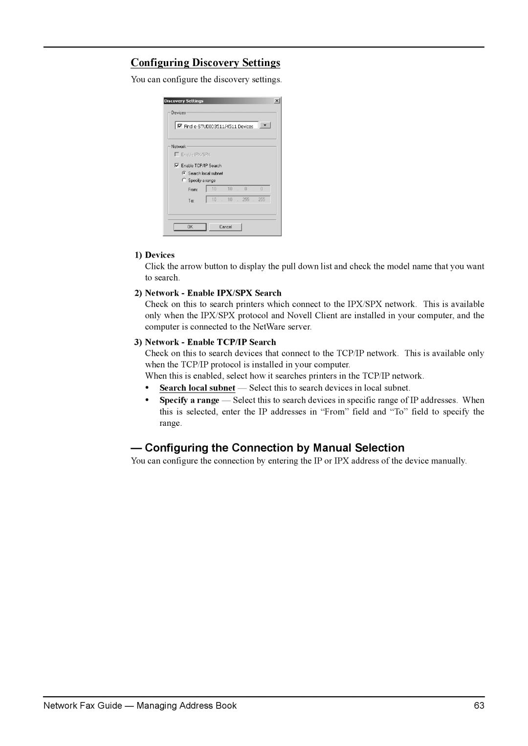 Toshiba 3511, 450, 230, 280, 4511, 350 Configuring the Connection by Manual Selection, Devices, Network Enable IPX/SPX Search 