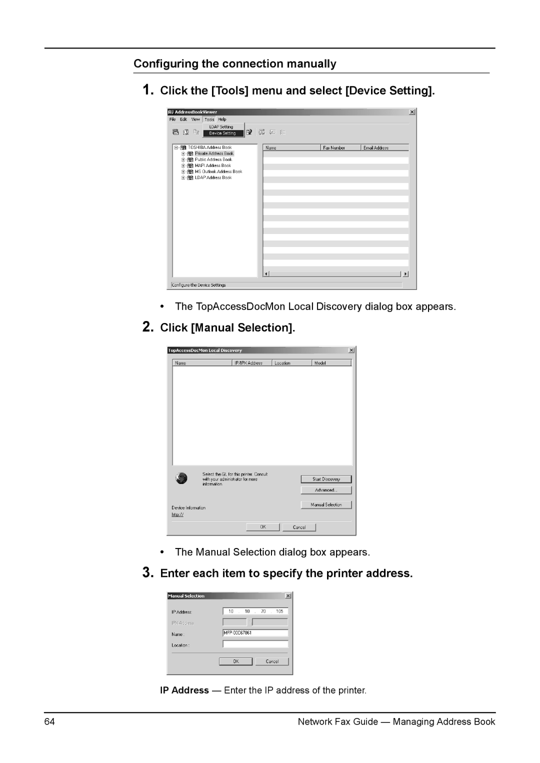 Toshiba 4511, 450, 230, 280, 3511, 350 manual Click Manual Selection, Enter each item to specify the printer address 