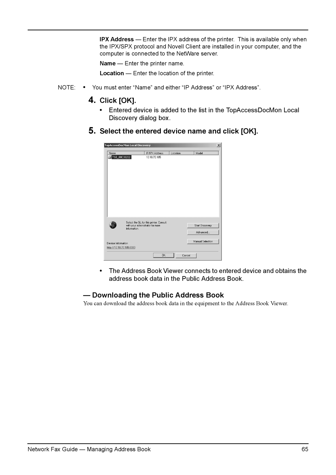 Toshiba 350, 450, 230, 280, 3511, 4511 manual Select the entered device name and click OK, Downloading the Public Address Book 