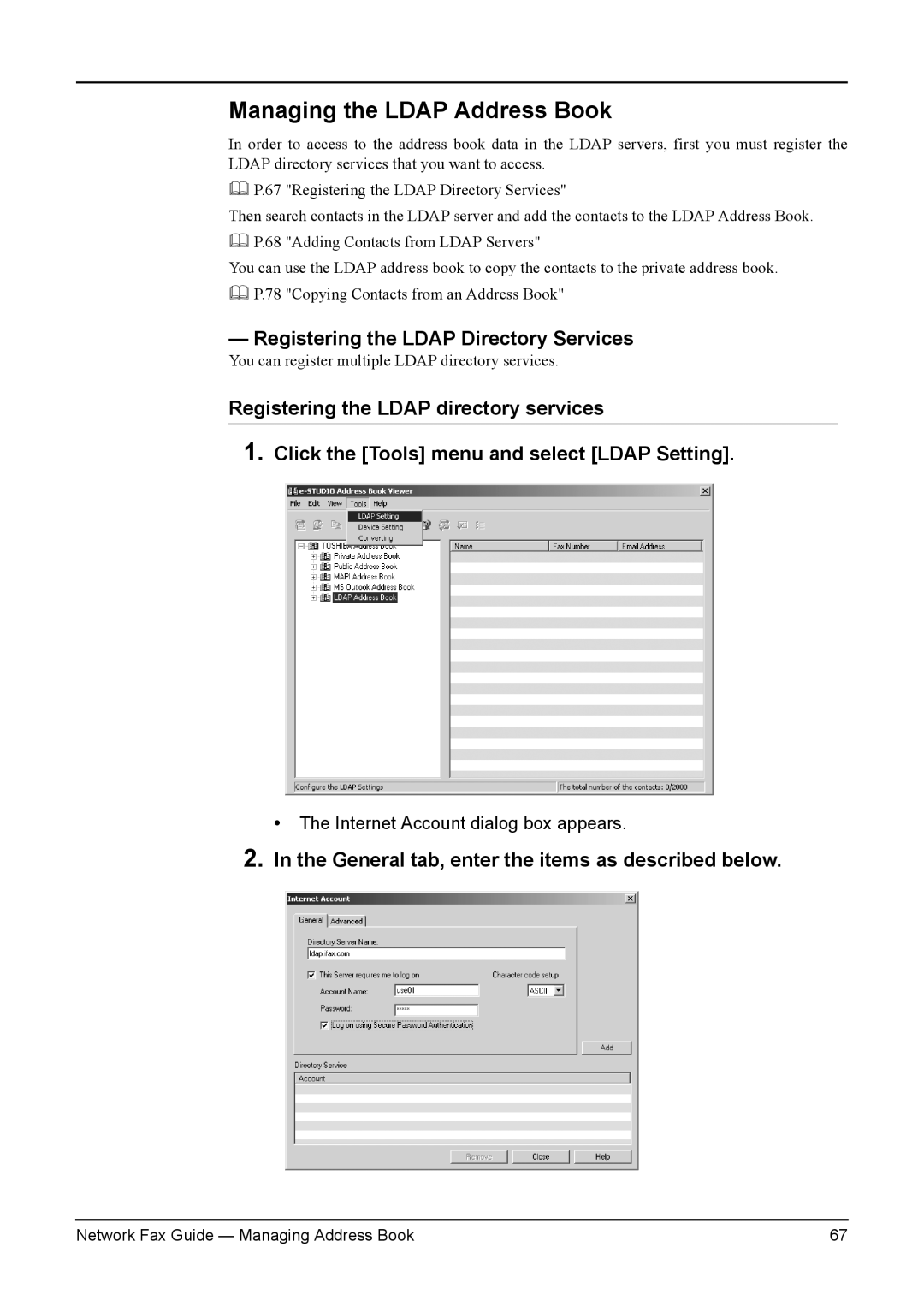 Toshiba 230, 450, 280, 3511, 4511, 350 manual Managing the Ldap Address Book, Registering the Ldap Directory Services 