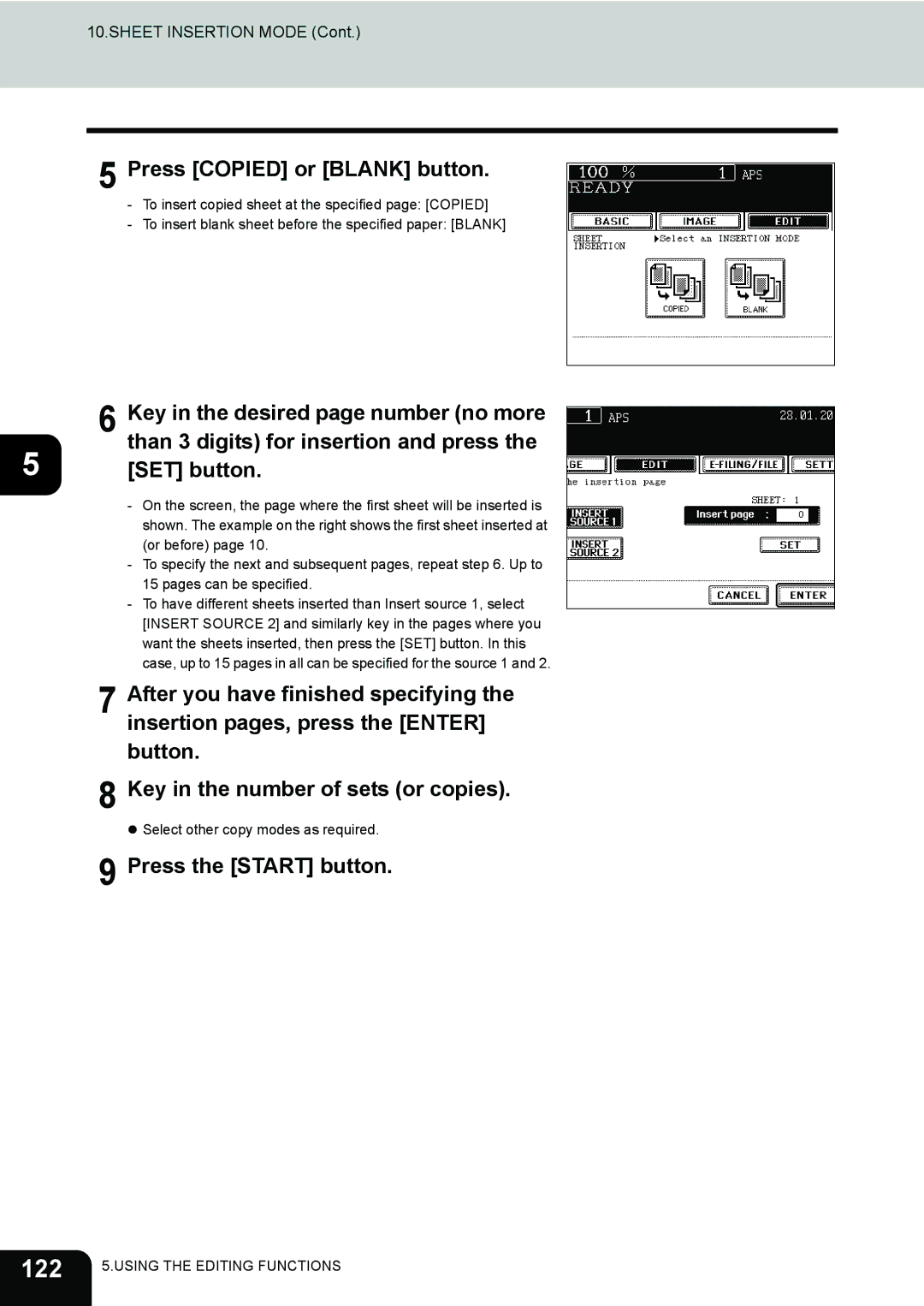 Toshiba 450, 350 manual 122, Press Copied or Blank button, Than 3 digits for insertion and press, SET button 