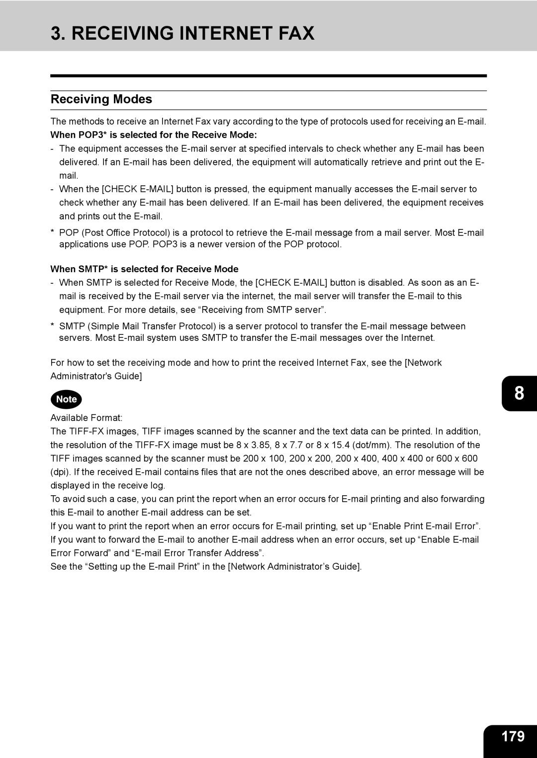 Toshiba 350, 450 manual Receiving Internet FAX, 179, Receiving Modes, When POP3* is selected for the Receive Mode 