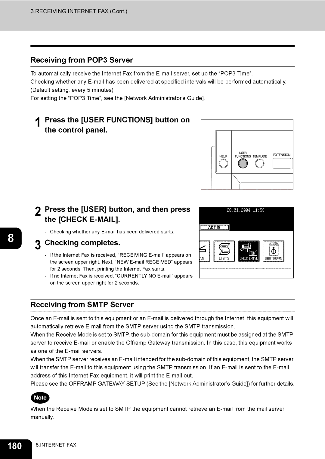 Toshiba 450, 350 manual 180, Receiving from POP3 Server, Checking completes, Receiving from Smtp Server 