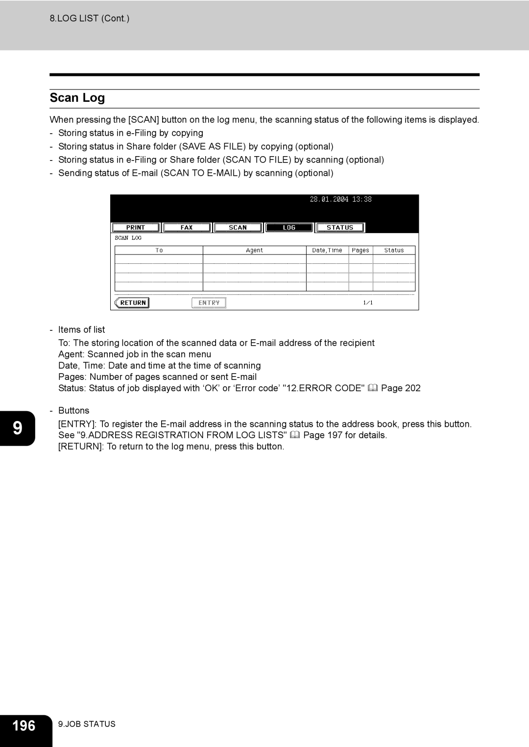 Toshiba 450, 350 manual 196, Scan Log 