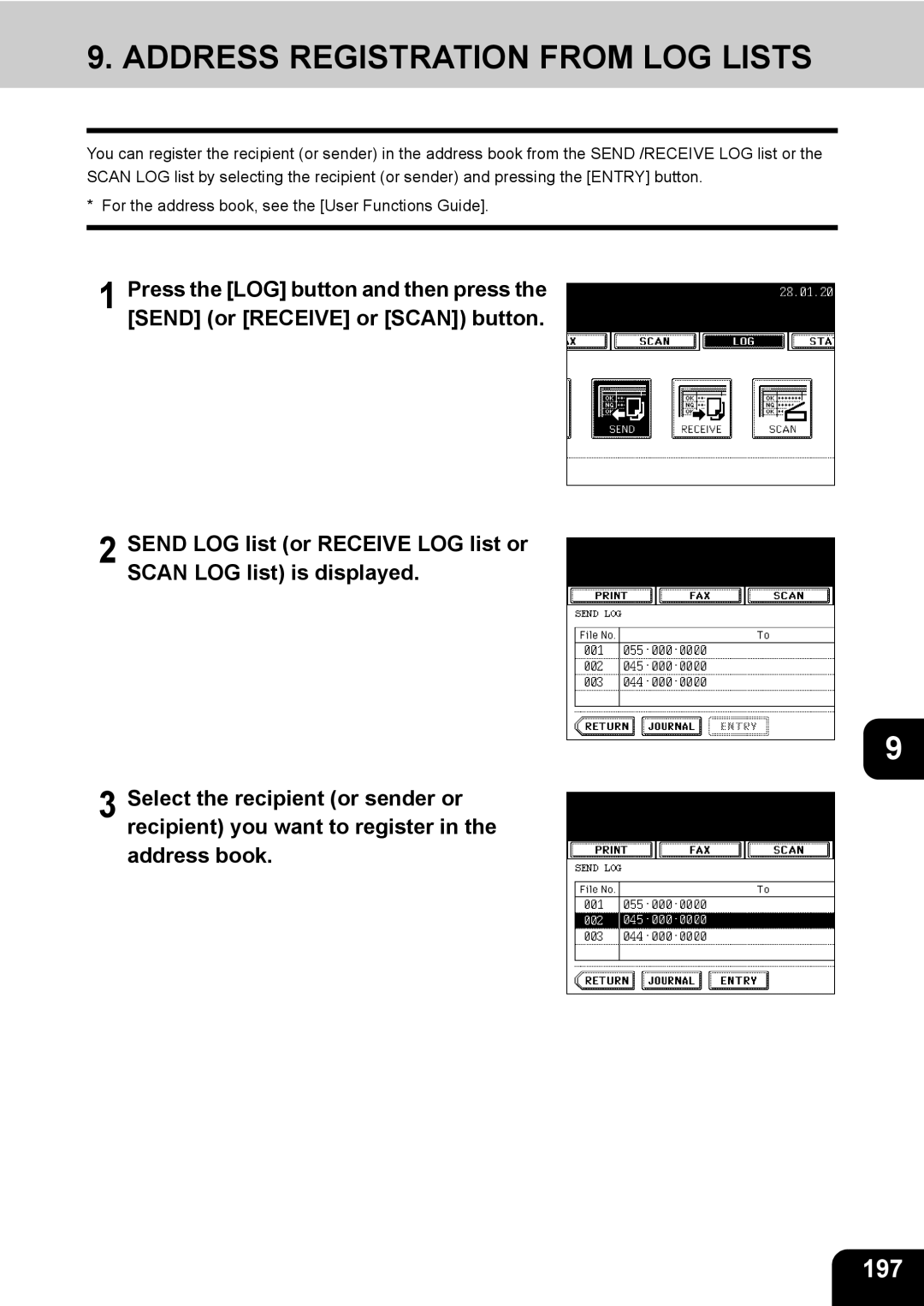 Toshiba 350, 450 manual Address Registration from LOG Lists, 197 