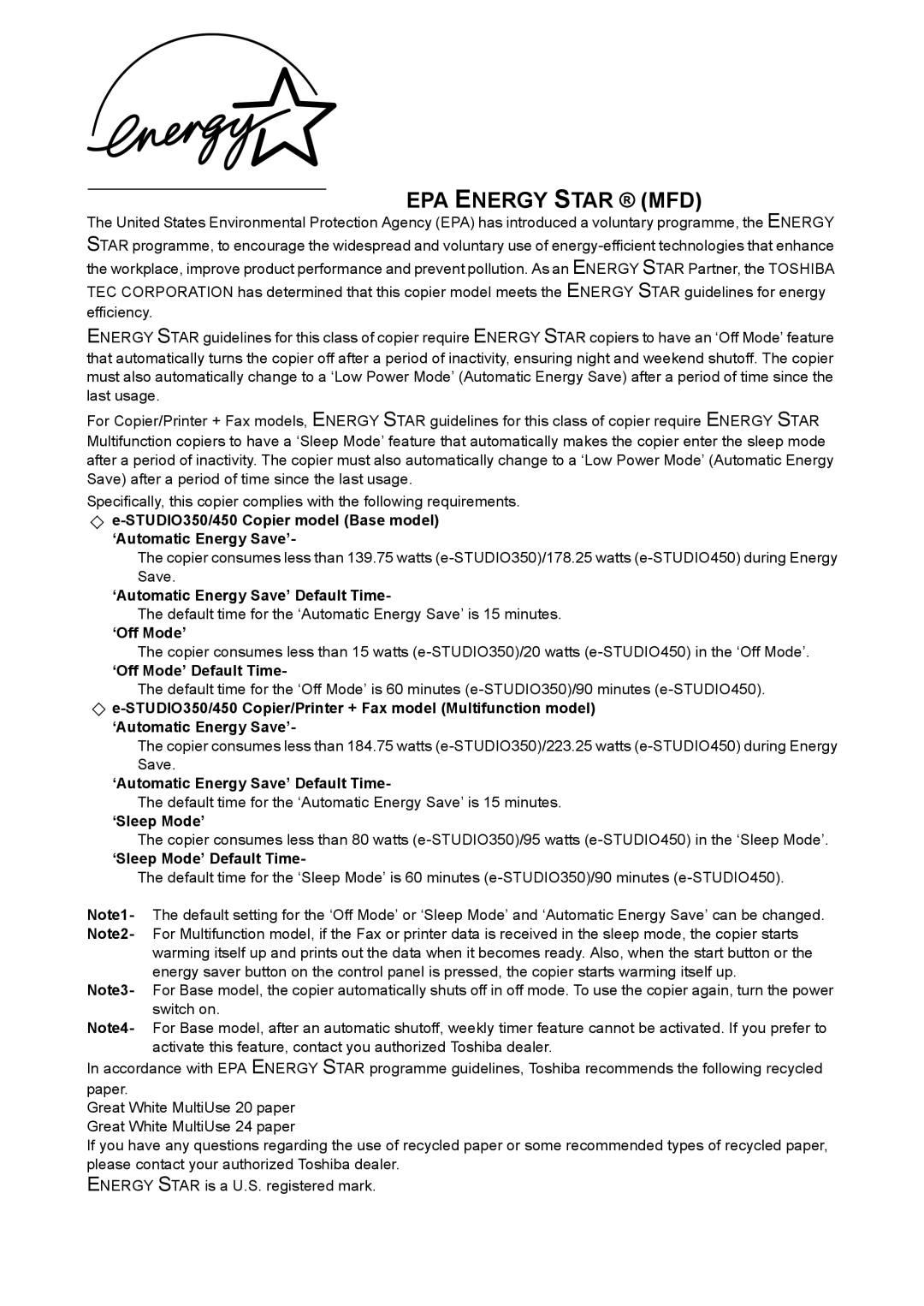 Toshiba 450, 350 manual EPA Energy Star MFD 