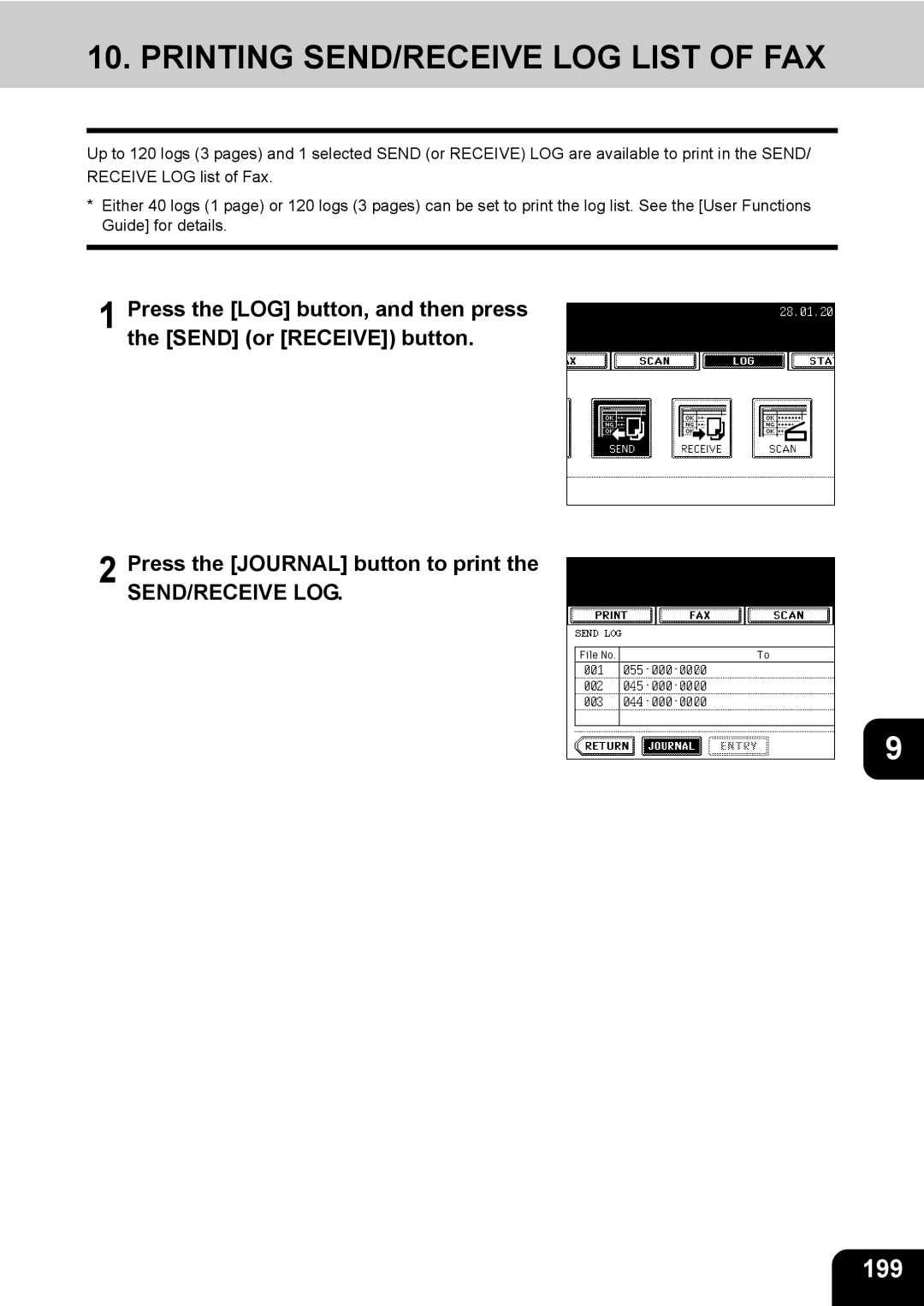 Toshiba 350, 450 manual Printing SEND/RECEIVE LOG List of FAX, 199 