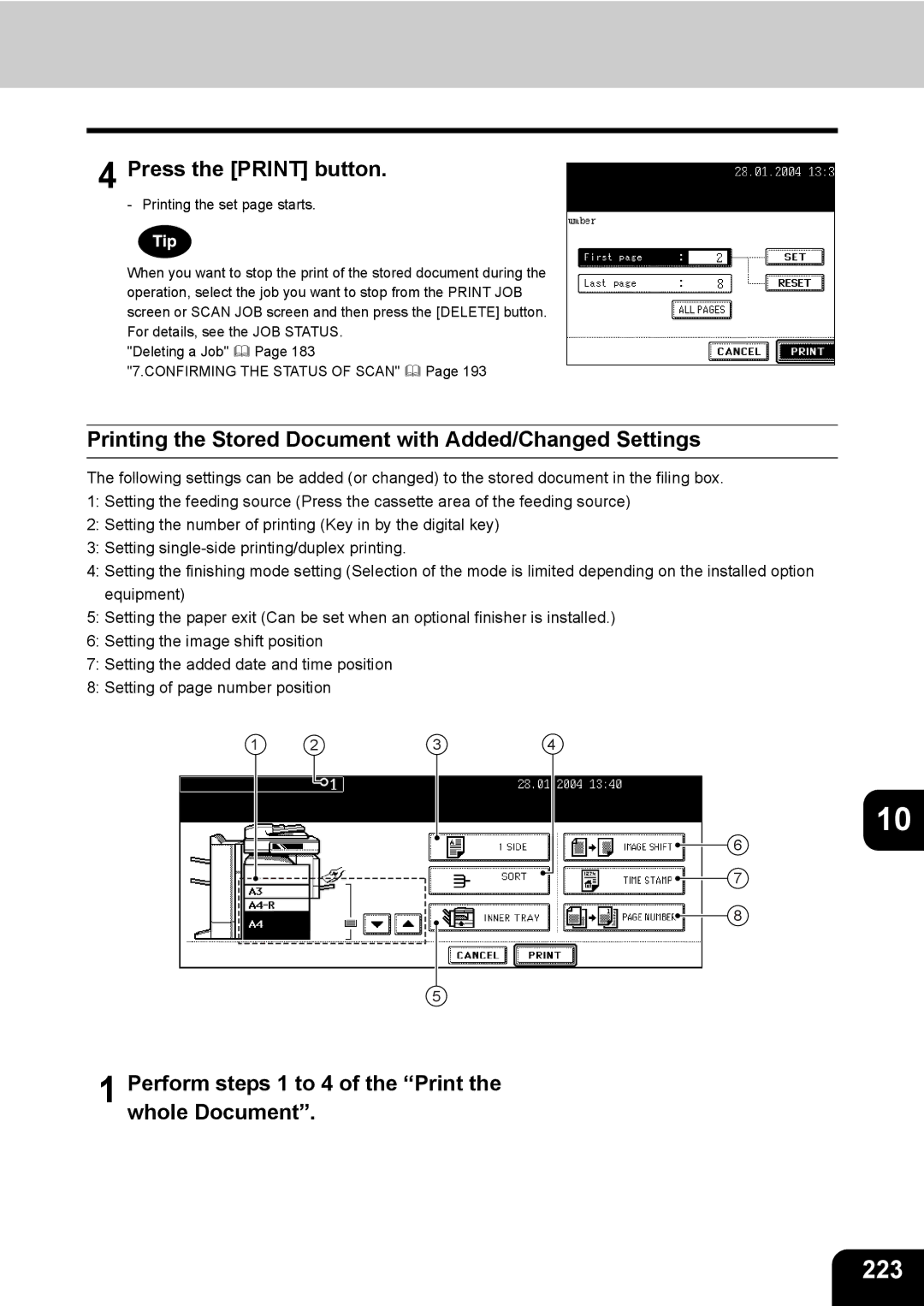 Toshiba 350, 450 manual 223, Printing the Stored Document with Added/Changed Settings 