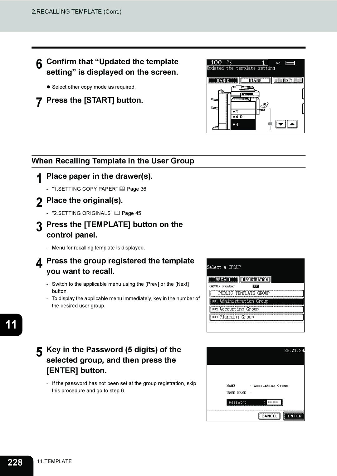 Toshiba 450, 350 manual Press the group registered the template you want to recall 