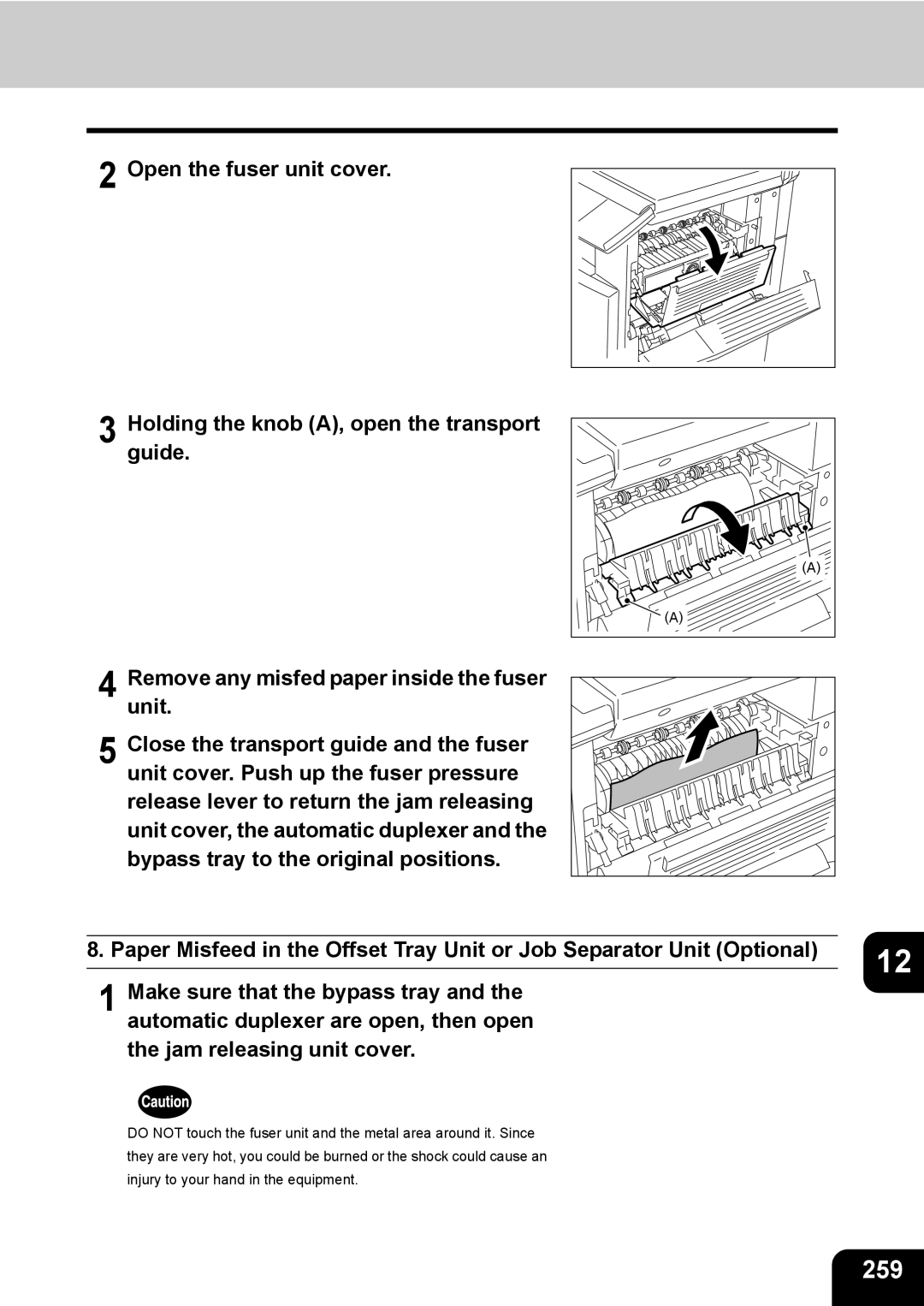 Toshiba 350, 450 manual 259, Open the fuser unit cover 