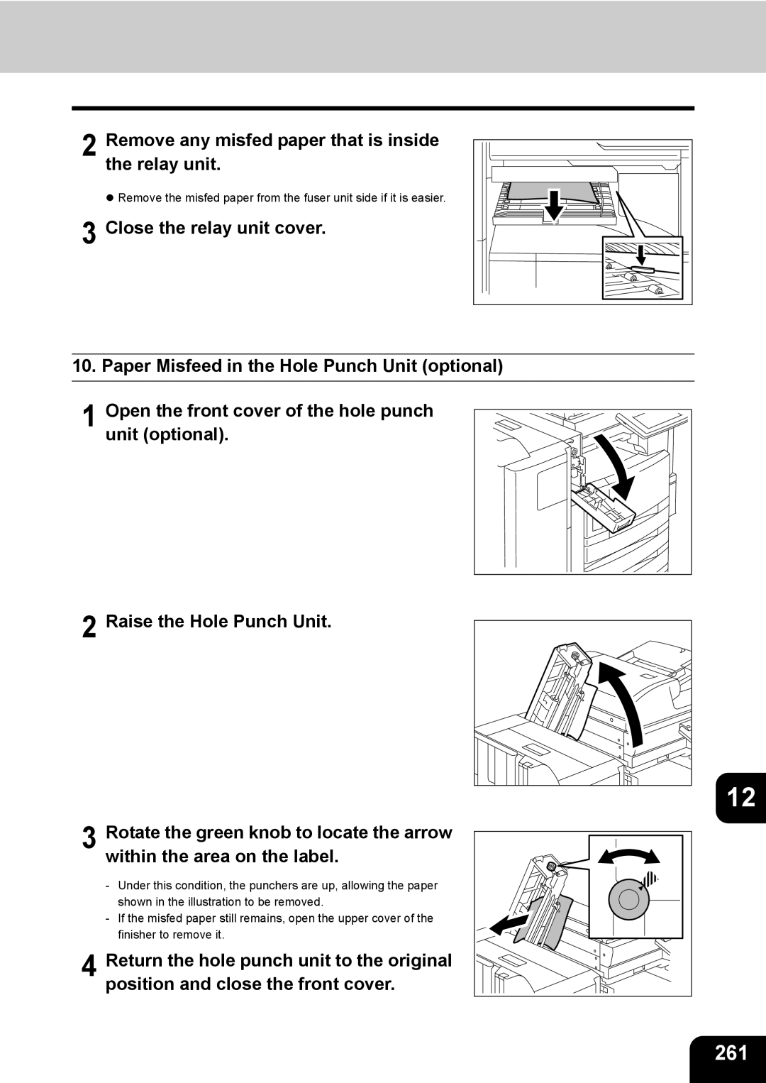 Toshiba 350, 450 manual 261, Remove any misfed paper that is inside the relay unit 