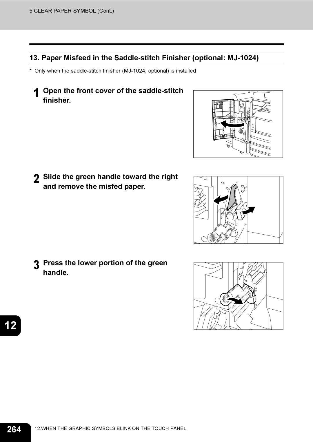 Toshiba 450, 350 manual 264, Paper Misfeed in the Saddle-stitch Finisher optional MJ-1024 