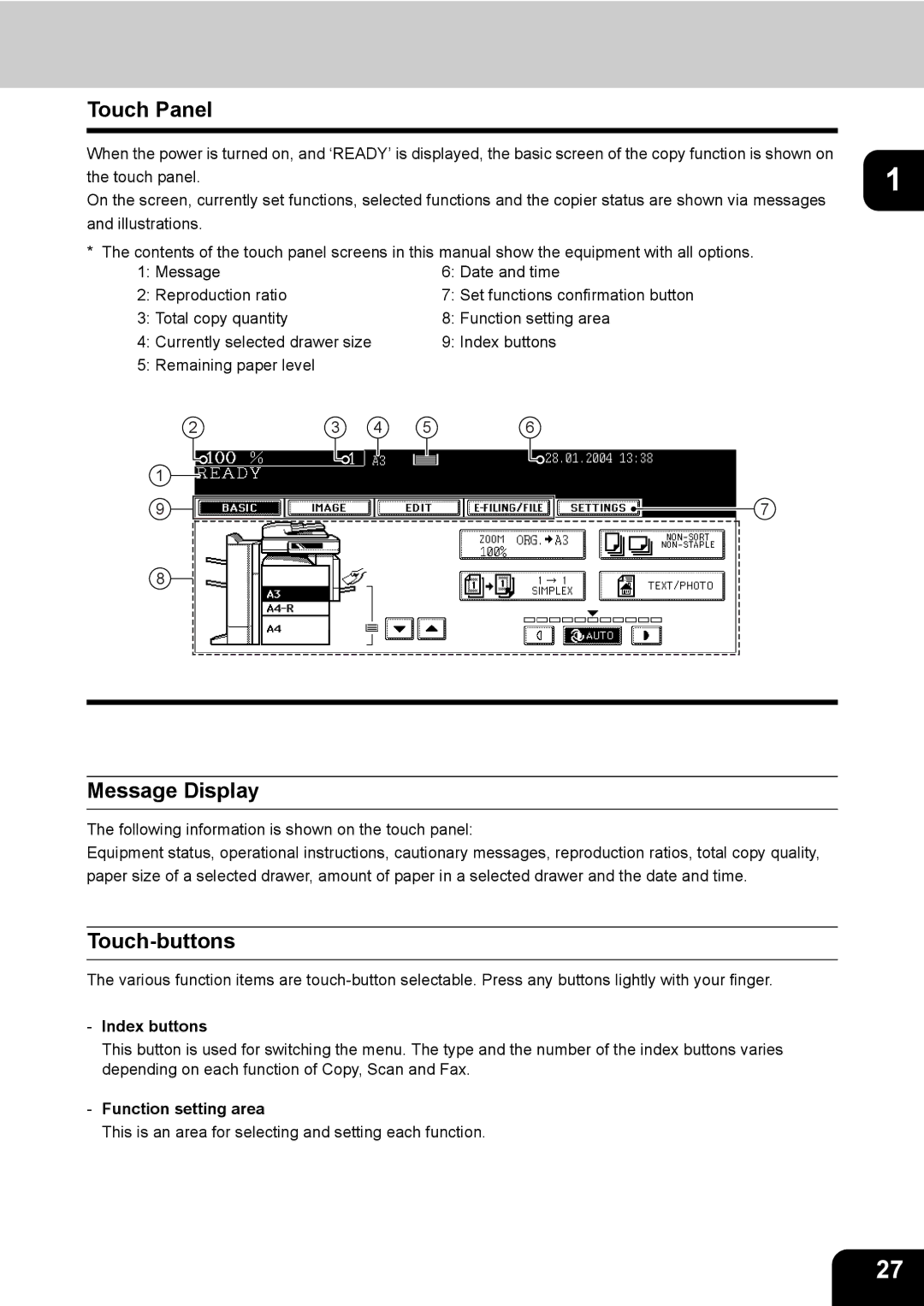 Toshiba 350, 450 manual Touch Panel, Message Display, Touch-buttons, Index buttons, Function setting area 