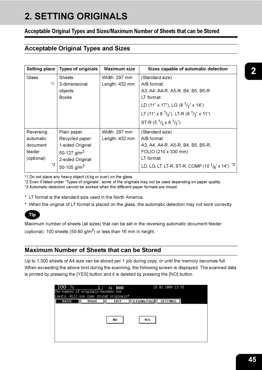Toshiba 350, 450 manual Setting Originals, Acceptable Original Types and Sizes, Maximum Number of Sheets that can be Stored 
