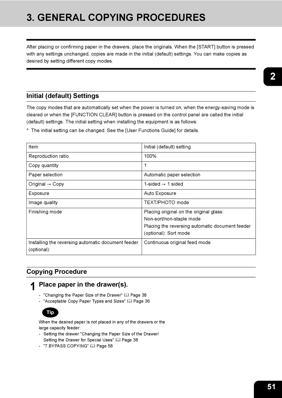 Toshiba 350, 450 manual General Copying Procedures, Initial default Settings, Copying Procedure Place paper in the drawers 