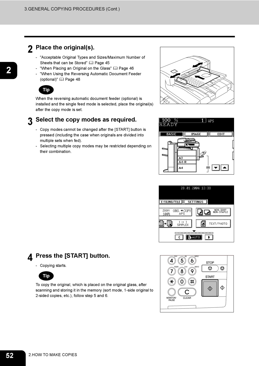 Toshiba 450, 350 manual Place the originals, Select the copy modes as required, Press the Start button 