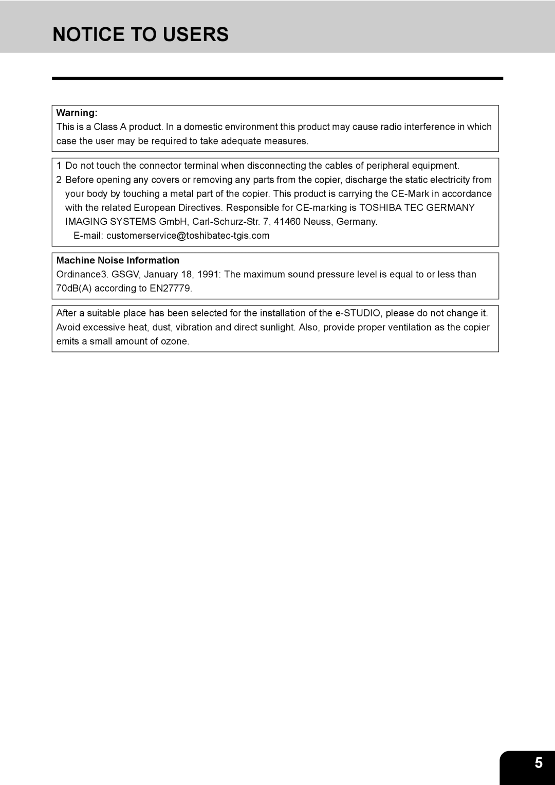 Toshiba 350, 450 manual Machine Noise Information 