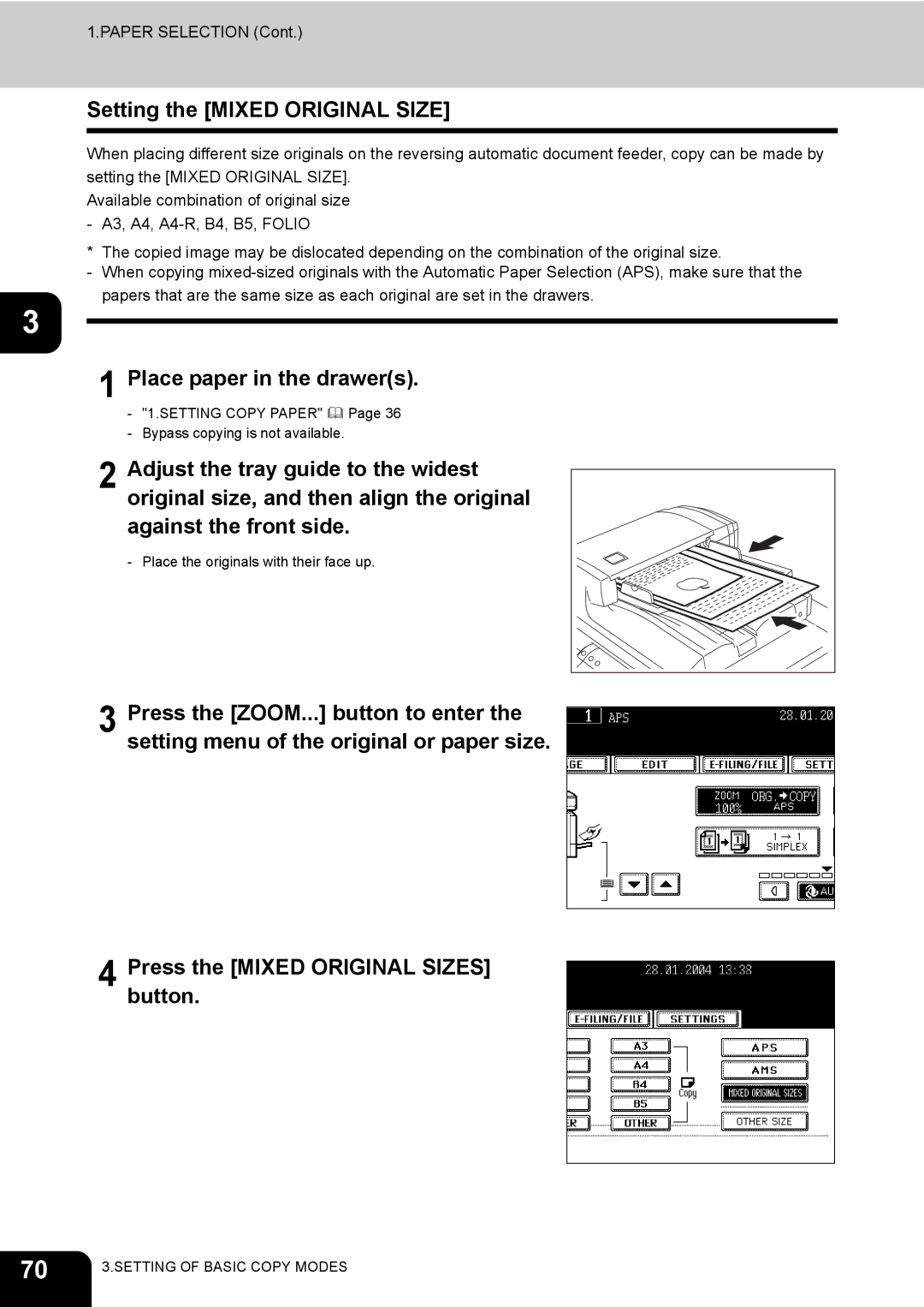 Toshiba 450, 350 manual Setting the Mixed Original Size, Place paper in the drawers 