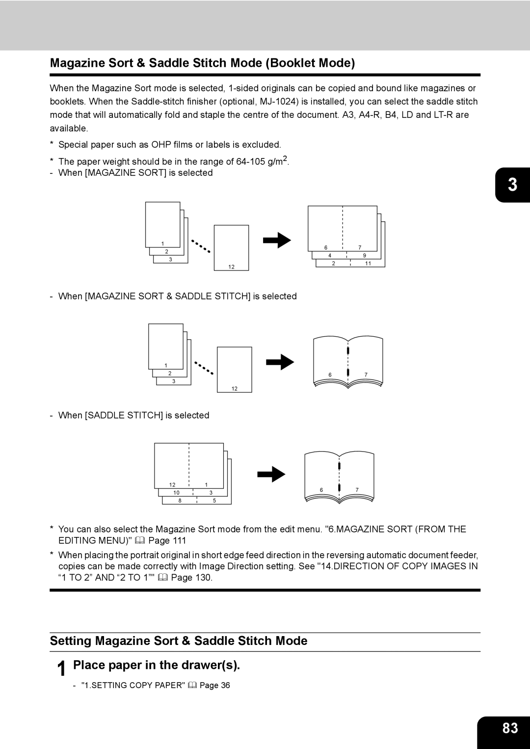 Toshiba 350, 450 manual Magazine Sort & Saddle Stitch Mode Booklet Mode 