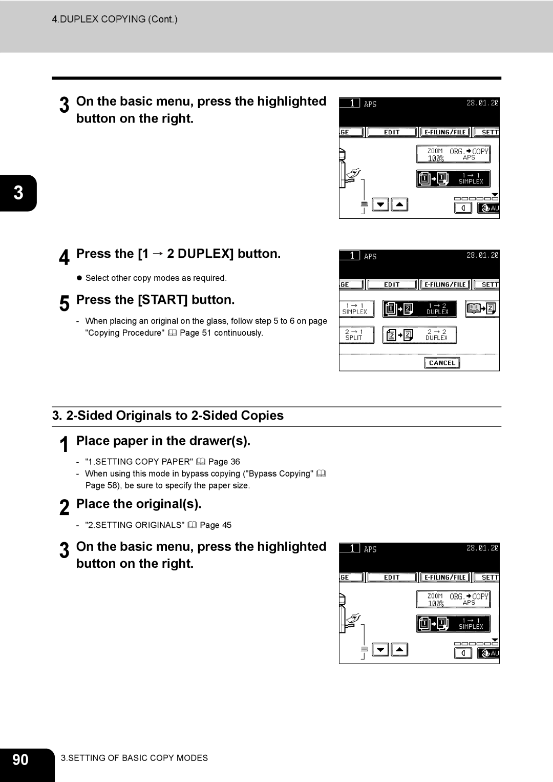 Toshiba 450, 350 manual Sided Originals to 2-Sided Copies Place paper in the drawers 