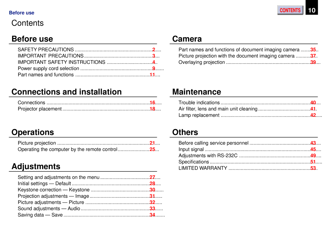 Toshiba TLP450U, TLP-450, TLP451 owner manual Contents, Before use 