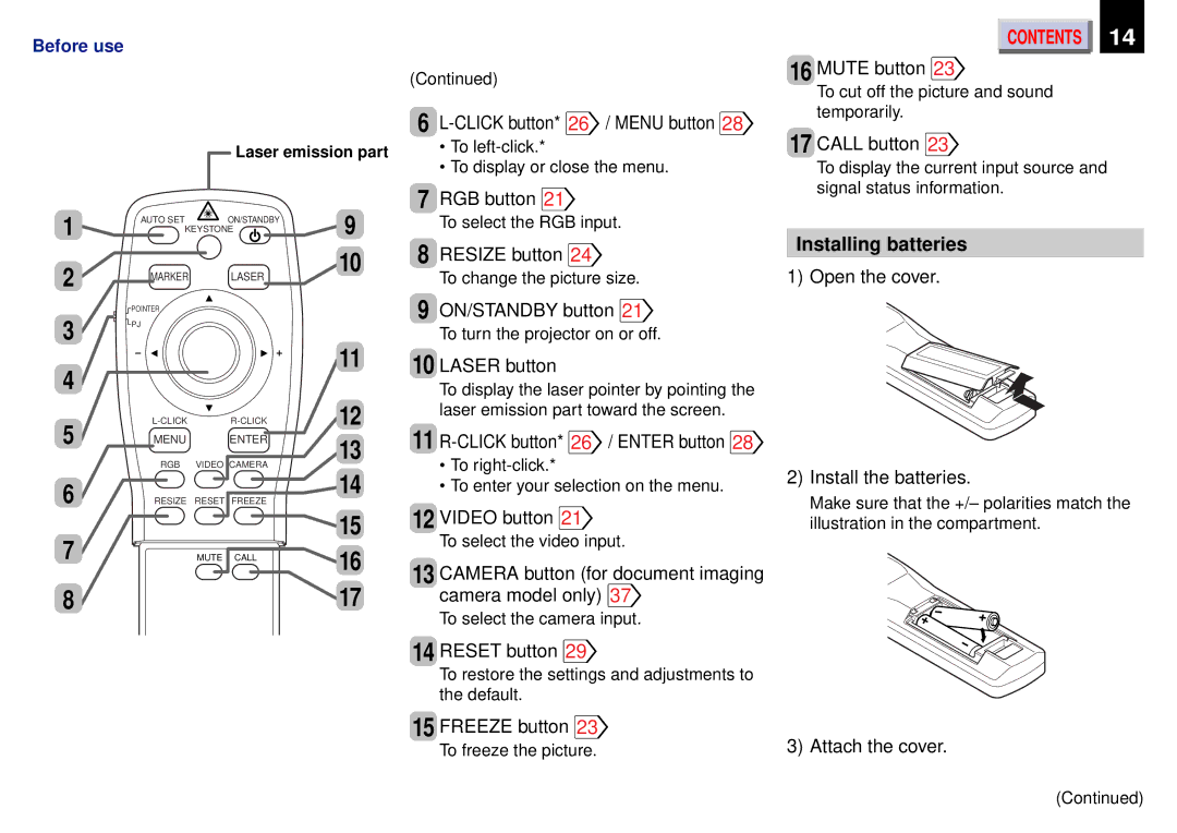 Toshiba TLP450U, TLP-450, TLP451 owner manual Installing batteries 