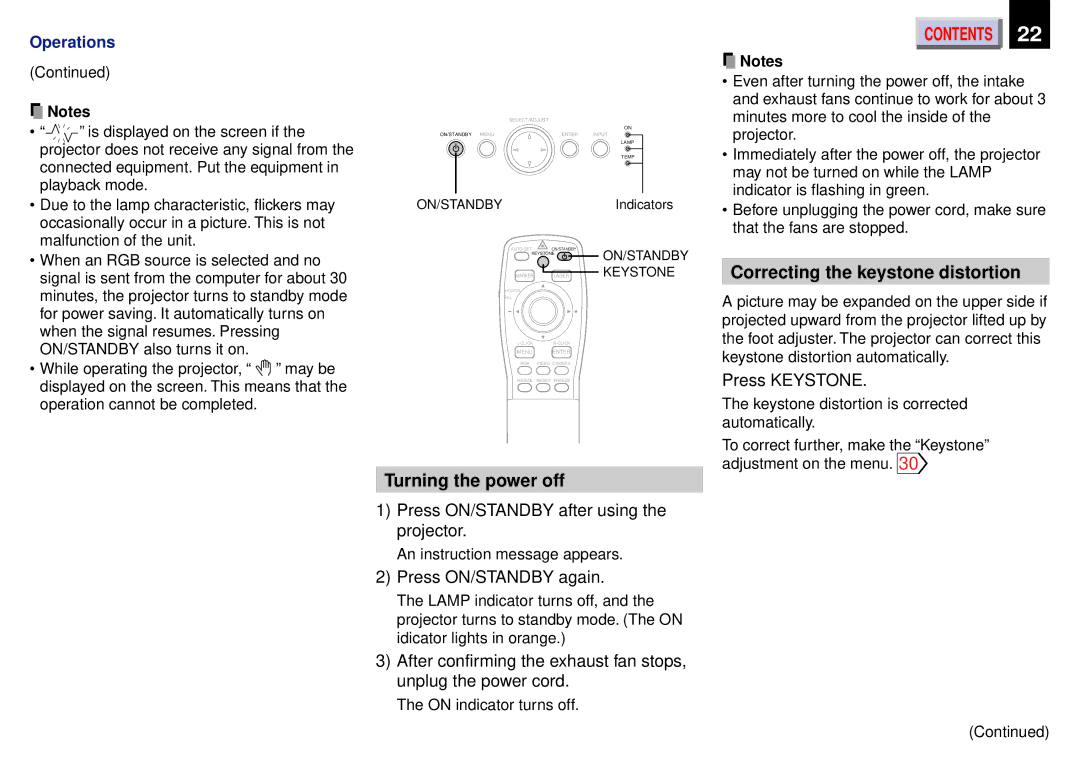 Toshiba TLP450U, TLP-450 Correcting the keystone distortion, Turning the power off, Press Keystone, Press ON/STANDBY again 