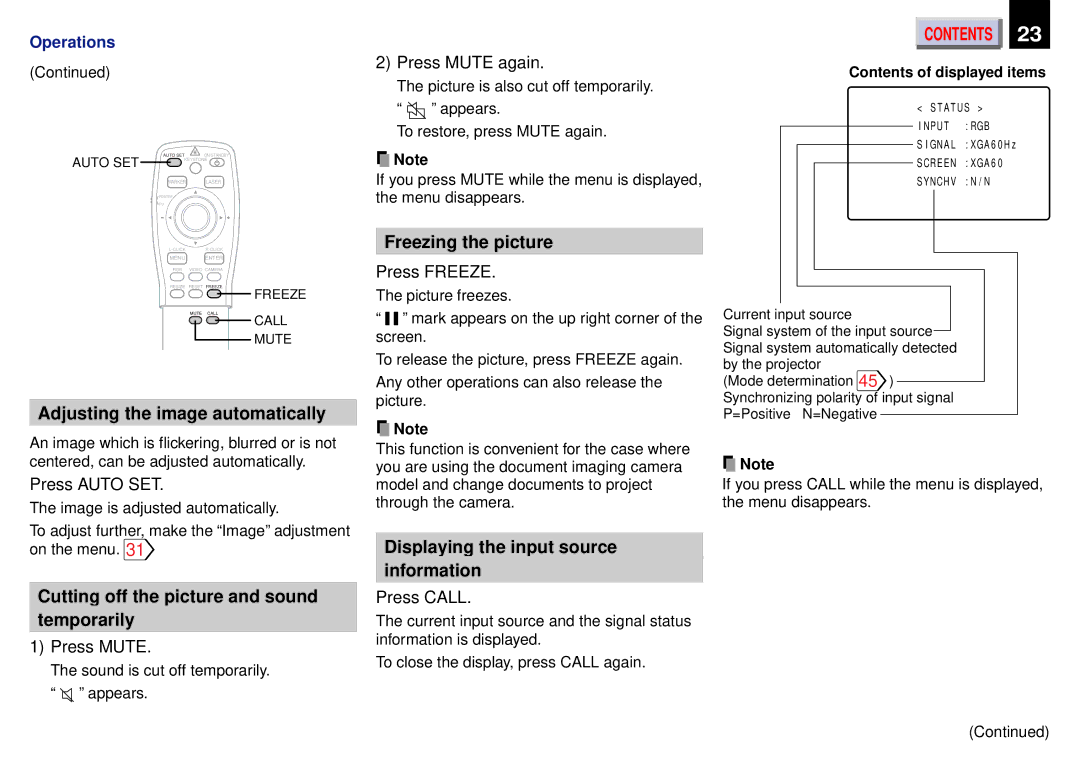 Toshiba TLP451, 450 Adjusting the image automatically, Freezing the picture, Cutting off the picture and sound Temporarily 