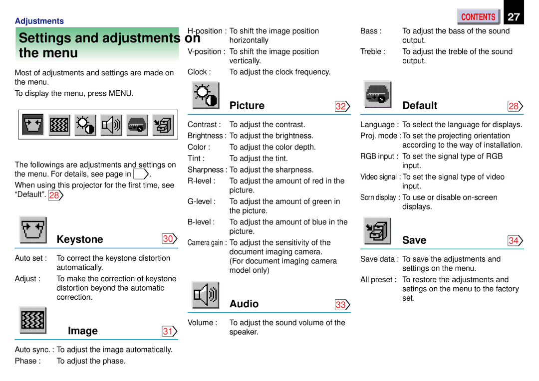 Toshiba TLP451, TLP-450, TLP450U owner manual Settings and adjustments on Menu, Keystone30, Image31, Audio33, Save34 