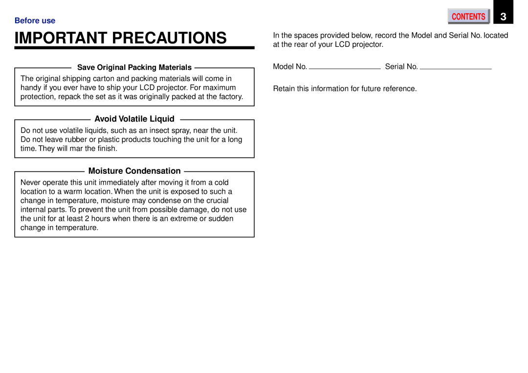 Toshiba TLP451, TLP-450, TLP450U owner manual Important Precautions, Save Original Packing Materials 