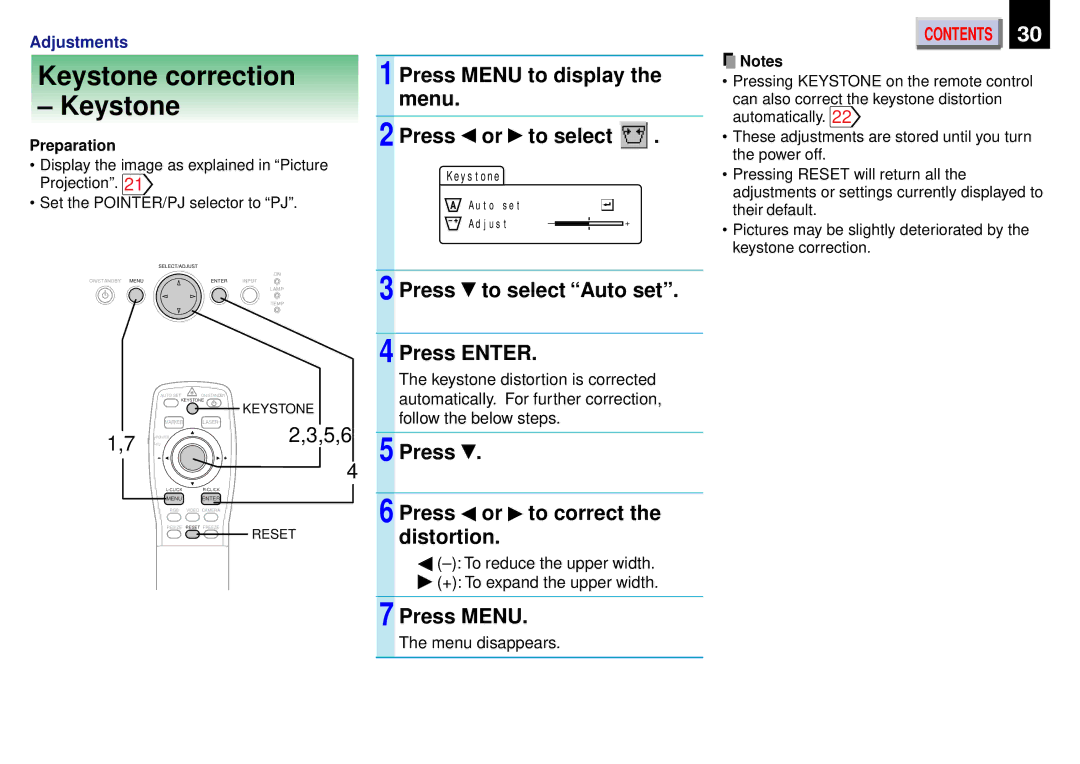 Toshiba TLP450U Keystone correction, Press Menu to display the menu To select, Press to select Auto set, Press Enter 