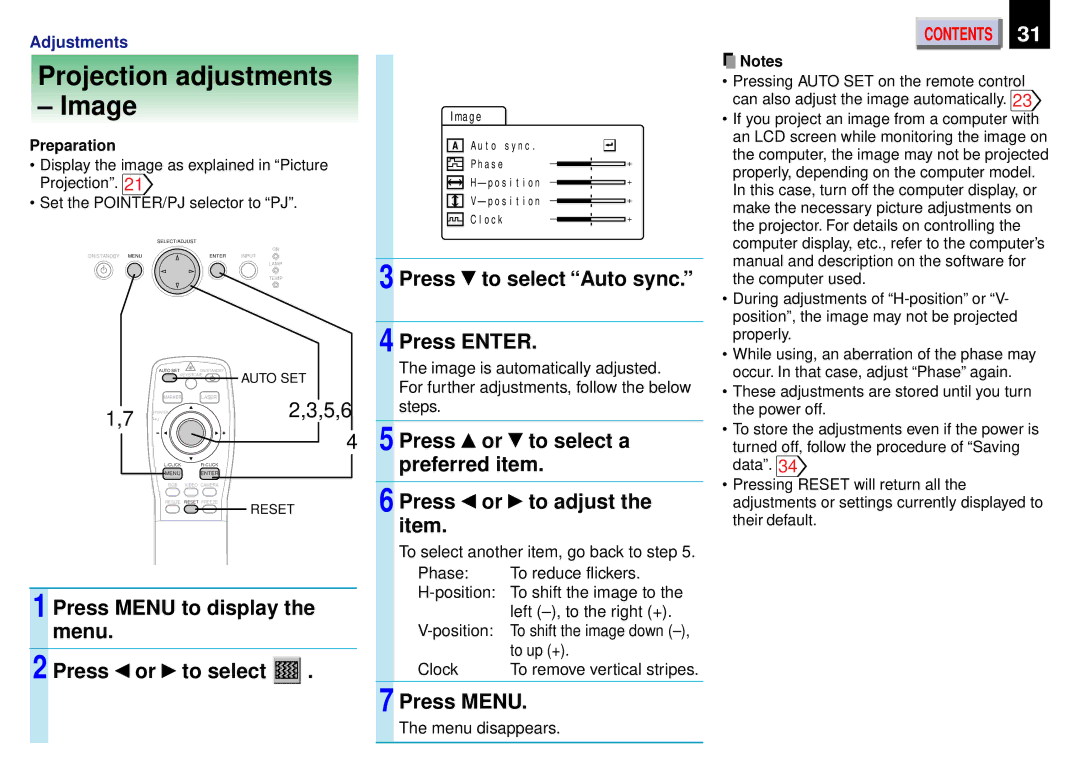 Toshiba TLP451, TLP-450, TLP450U owner manual Projection adjustments Image, Press Menu to display, Menu Press or to select 