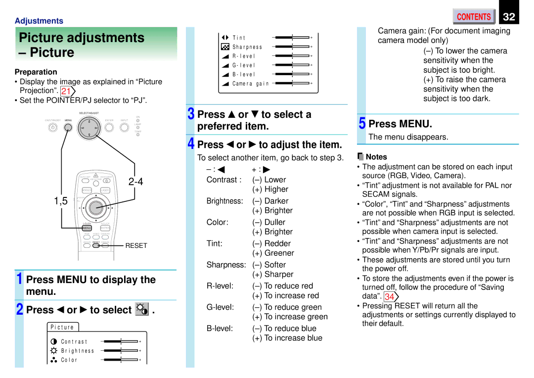 Toshiba TLP-450, TLP450U, TLP451 owner manual Picture adjustments, Press To select a Preferred item 