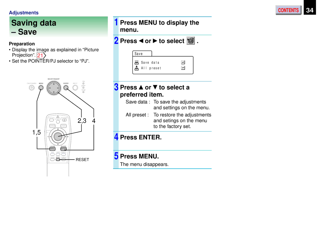 Toshiba TLP450U, TLP-450, TLP451 owner manual Saving data Save, Press Enter Press Menu 