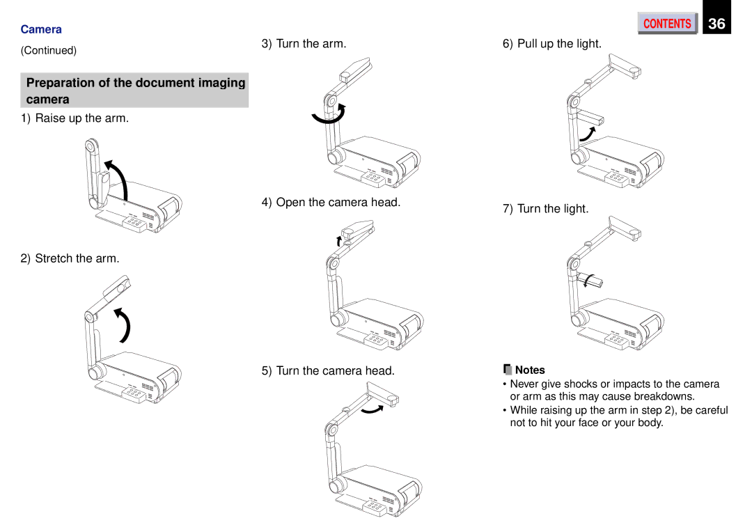 Toshiba TLP-450, TLP450U, TLP451 owner manual Preparation of the document imaging Camera, Turn the arm, Pull up the light 