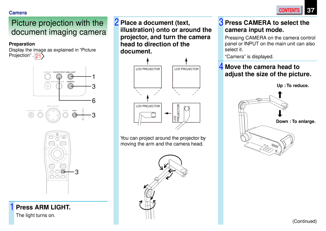 Toshiba TLP-450, TLP450U, TLP451 owner manual Picture projection with Document imaging camera 