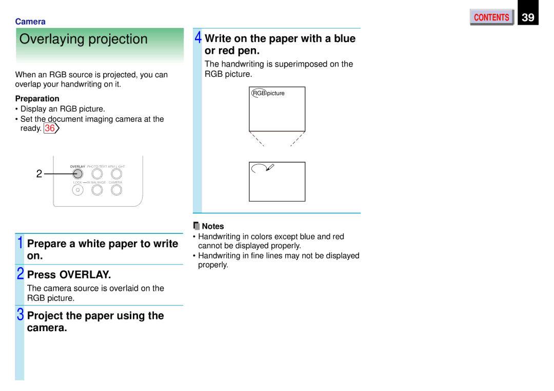 Toshiba TLP451, 450 Overlaying projection, Write on the paper with a blue or red pen, Project the paper using the camera 