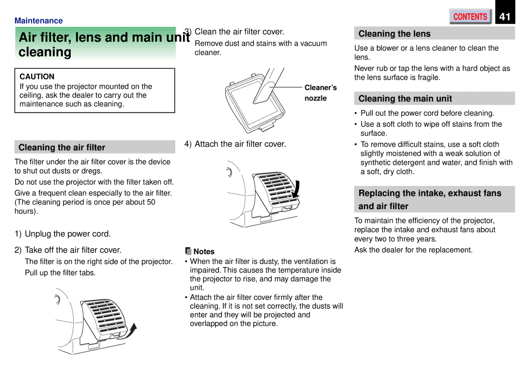 Toshiba TLP-450 Air filter, lens and main unit Cleaning, Cleaning the lens, Cleaning the main unit Cleaning the air filter 